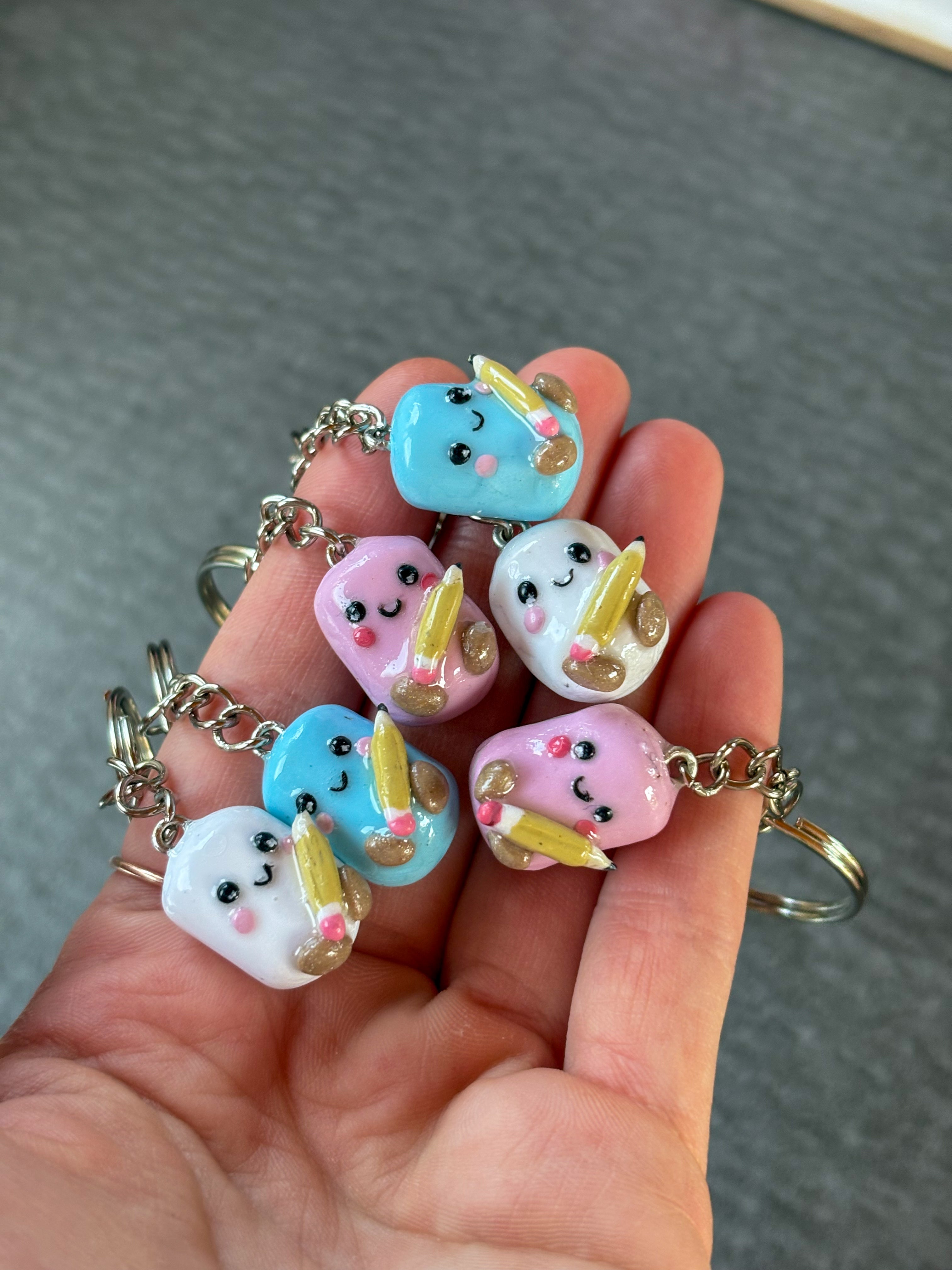 Blue marshmallow holding pencil Jellycat inspired keyring